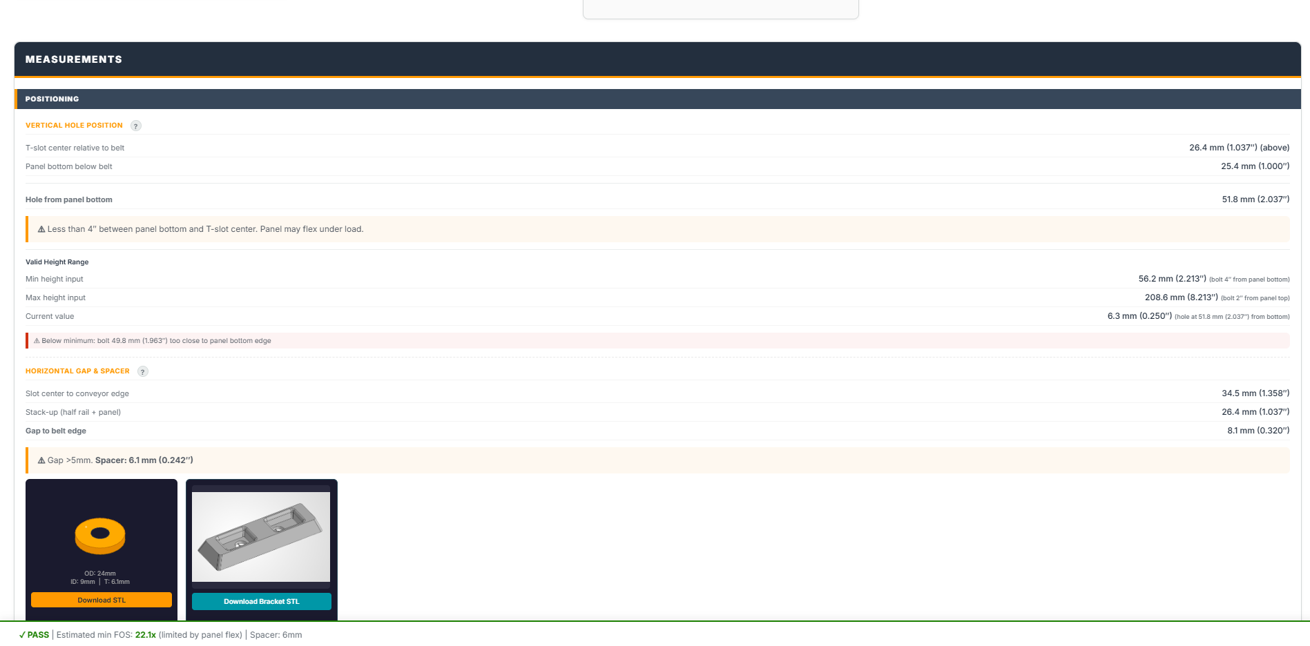 Measurements and positioning output with STL download buttons